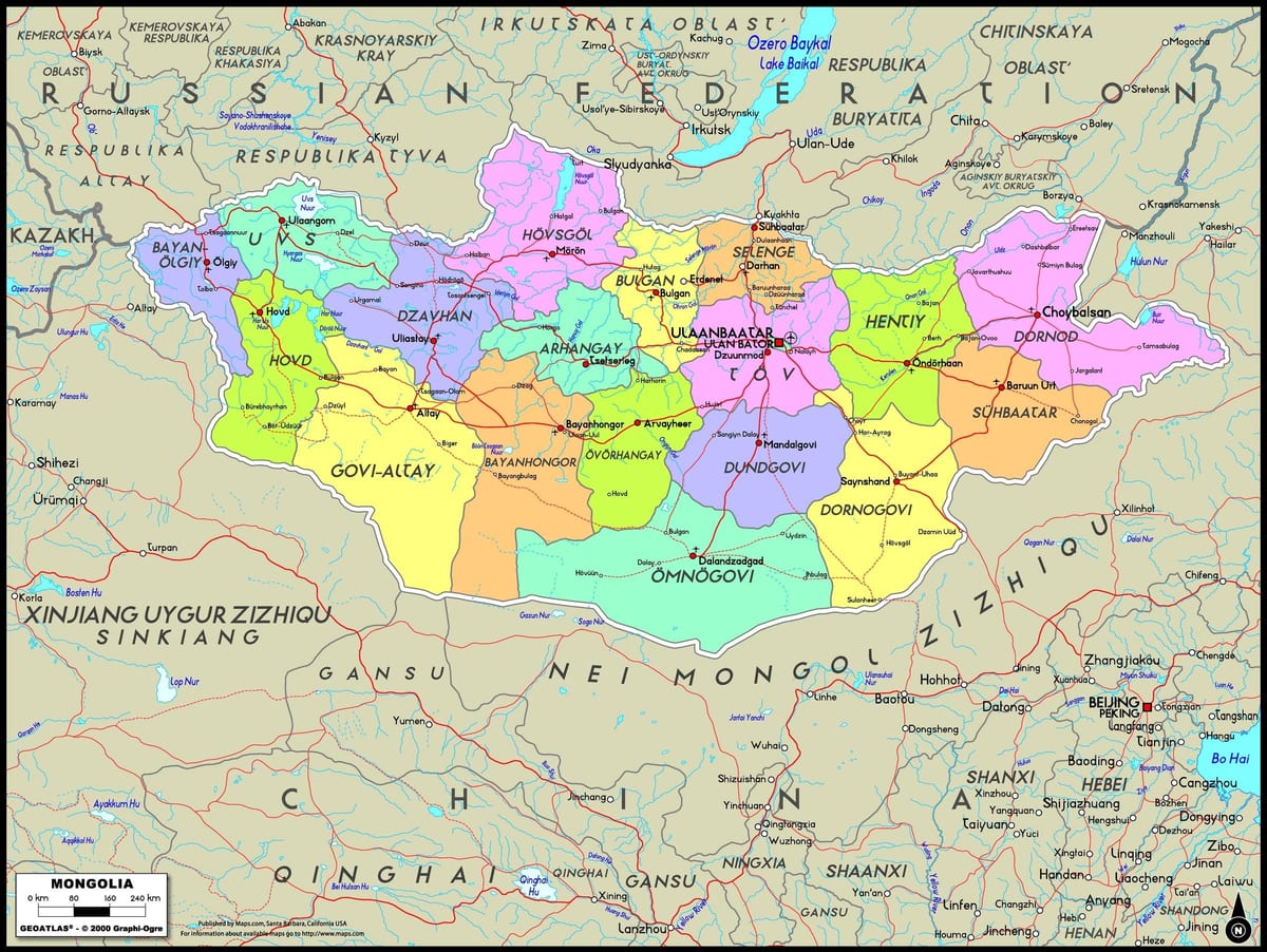 物理地図のモンゴル